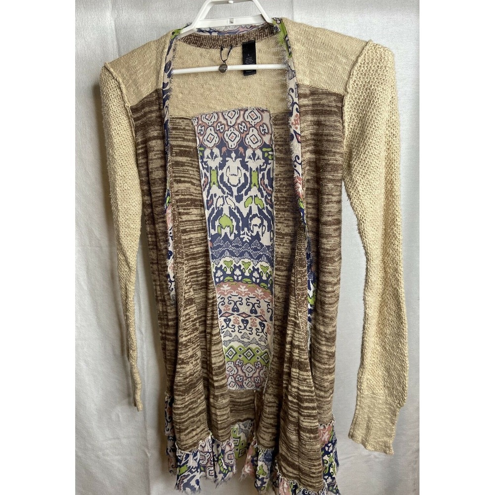 BKE Boutique Womens Sweater Cardigan Large‎ Light Brown Ruffle Hem Open Front